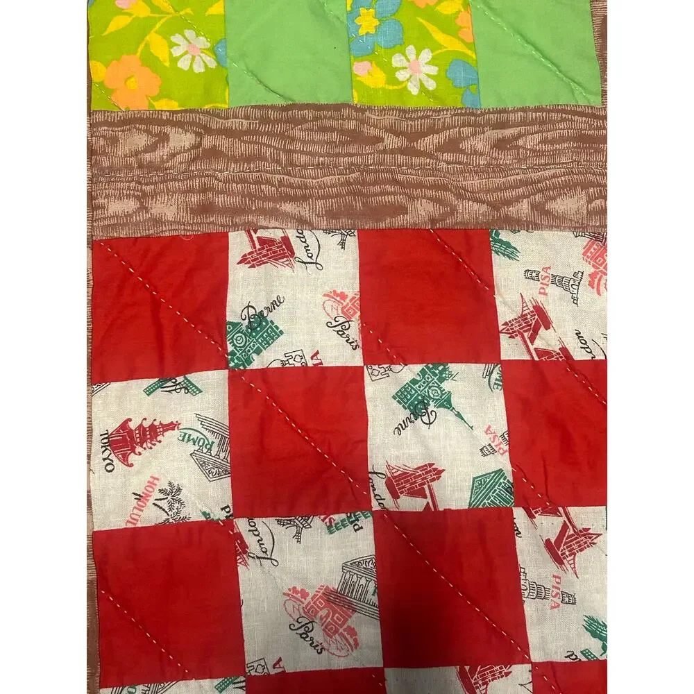 Vintage Handmade Reversible Patchwork Quilt - Checkerboard - Cottagecore 76 x 76